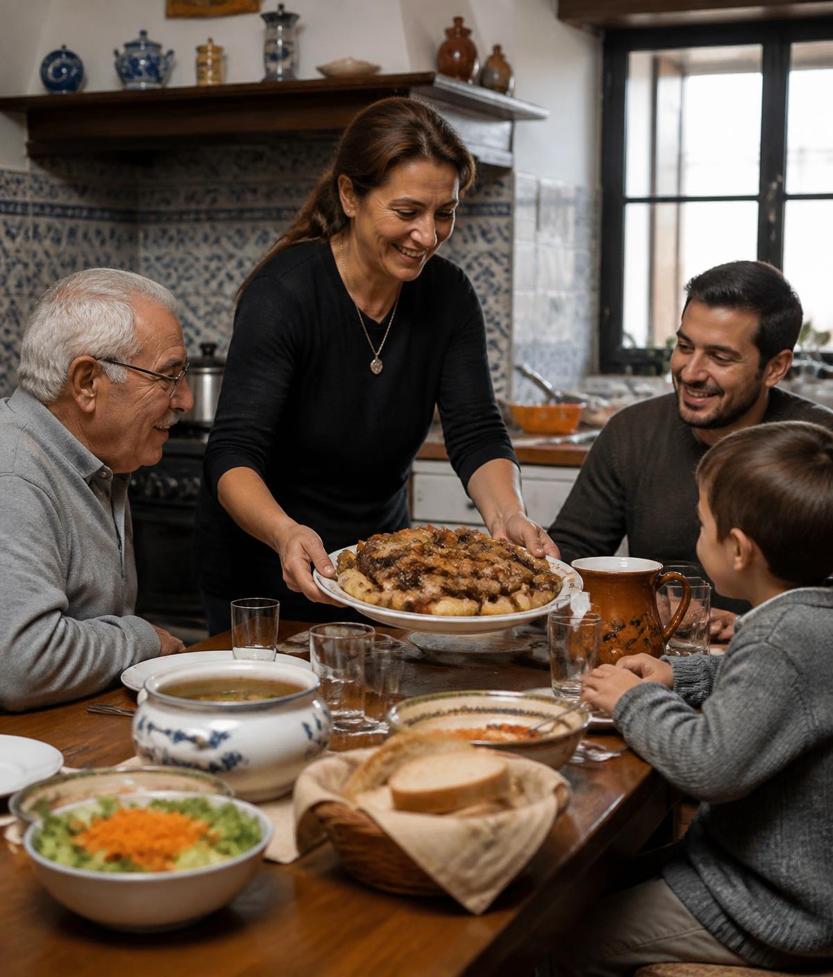 Família portuguesa a servir uma refeição de carne à mesa