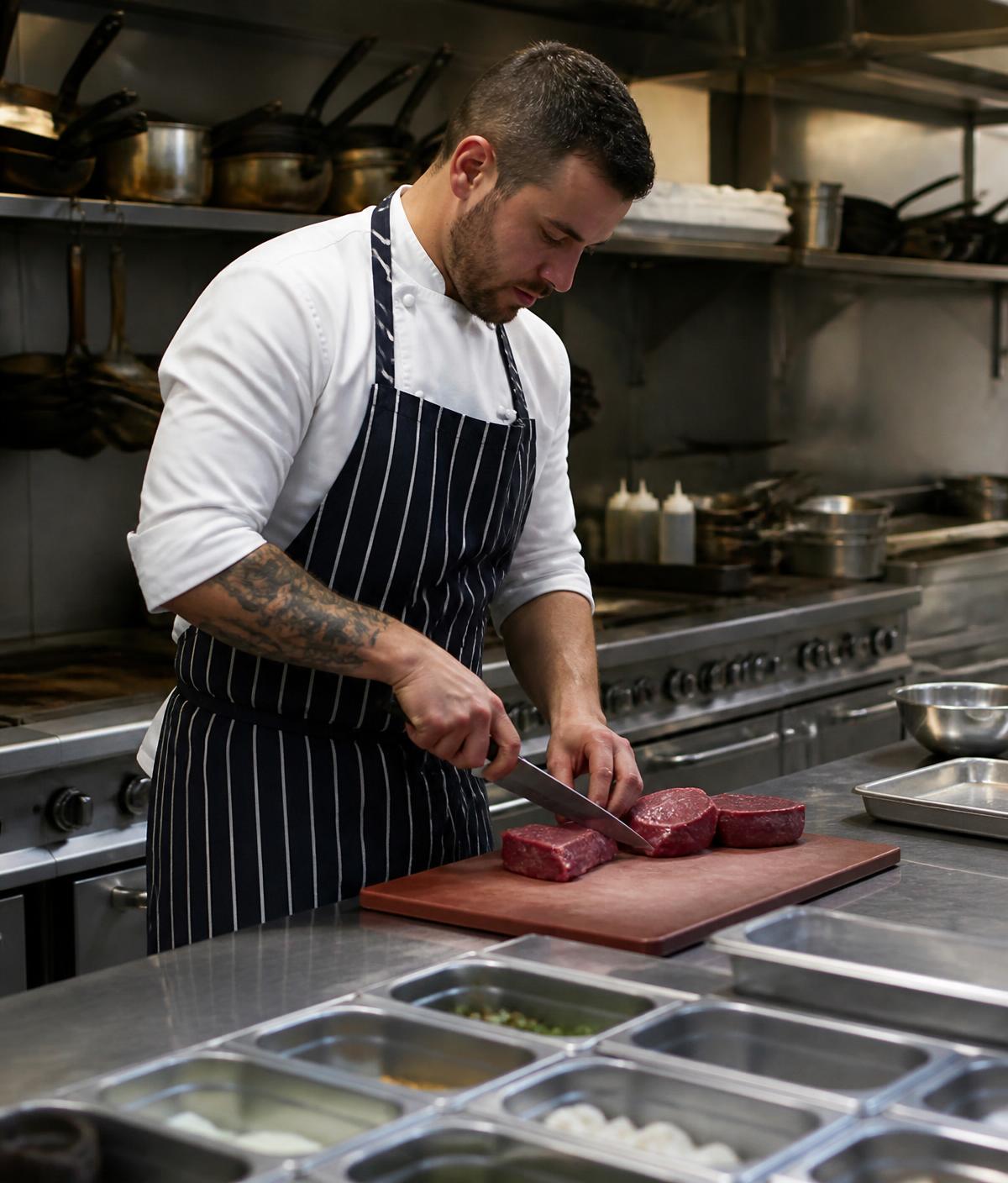 Chef a preparar carne fresca numa cozinha profissional