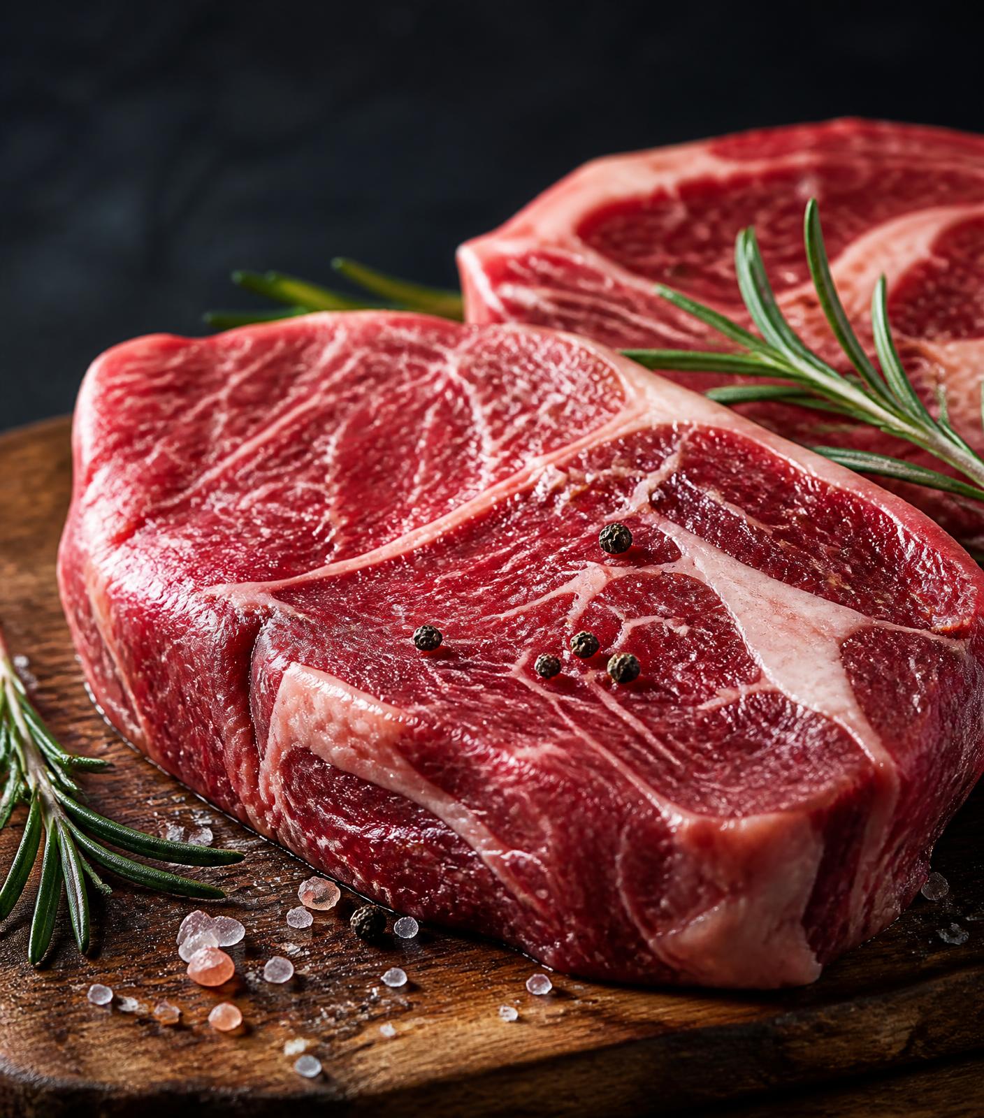 Detalhe de carne de bovino fresca com marmoreado visível