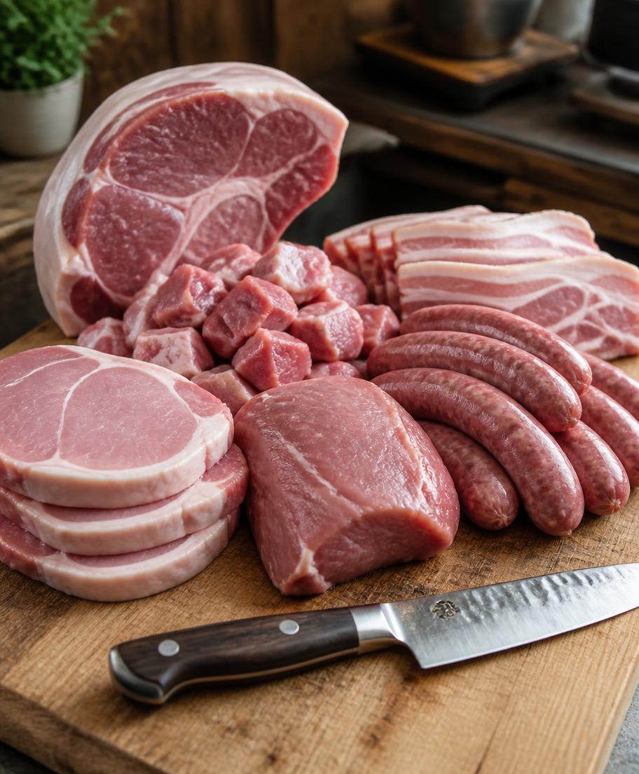 Cortes de carne de porco e enchidos frescos numa tábua de madeira